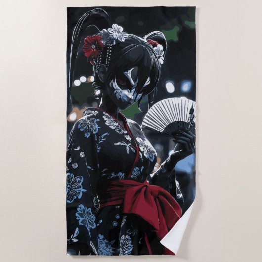 Dark Kitsune Mask Woman Japanese Night Art ビーチタオル (正面)