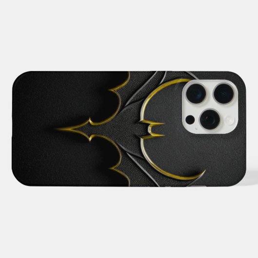 ​Dark Knight Gold Bat Symbol on Black Leather Text iPhoneケース (裏面横)