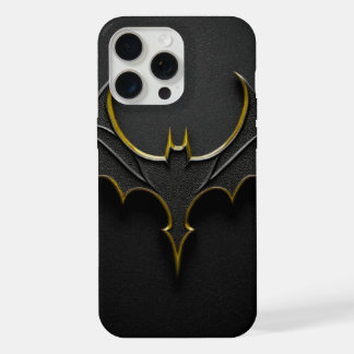 ​Dark Knight Gold Bat Symbol on Black Leather Text iPhone 15 Pro Maxケース