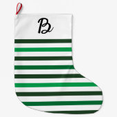 Dark Light Green Stripes Monogram Christmas ラージクリスマスストッキング (正面)