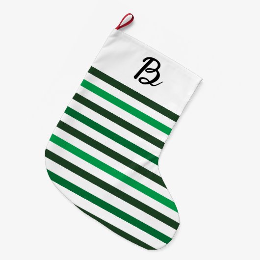 Dark Light Green Stripes Monogram Christmas ラージクリスマスストッキング (正面 (吊り時))