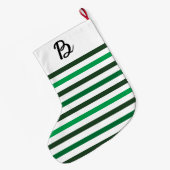 Dark Light Green Stripes Monogram Christmas ラージクリスマスストッキング (裏面 (吊り時))