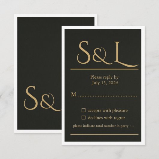 Dark Luxe Gold Monogram Wedding RSVP Card (正面/裏面)