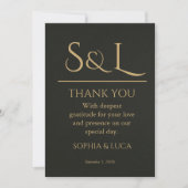 Dark Luxe Gold Monogram Wedding Thank You Card  サンキューカード (正面)