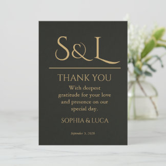 Dark Luxe Gold Monogram Wedding Thank You Card  サンキューカード