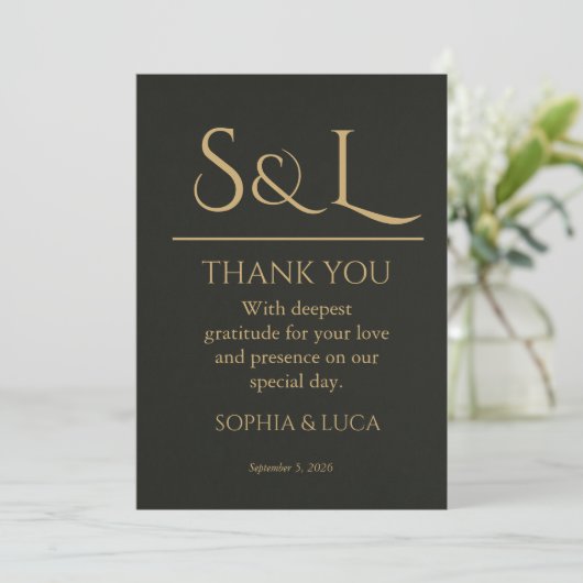 Dark Luxe Gold Monogram Wedding Thank You Card  サンキューカード (スタンド正面)