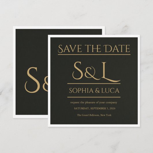 Dark Luxe Monogram Save the Date Card セーブザデート (正面/裏面)