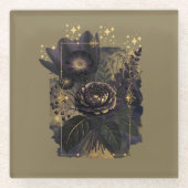 Dark Magical Floral Bouquet in Golden Frame ガラスコースター (正面)