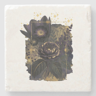 Dark Magical Floral Bouquet in Golden Frame ストーンコースター