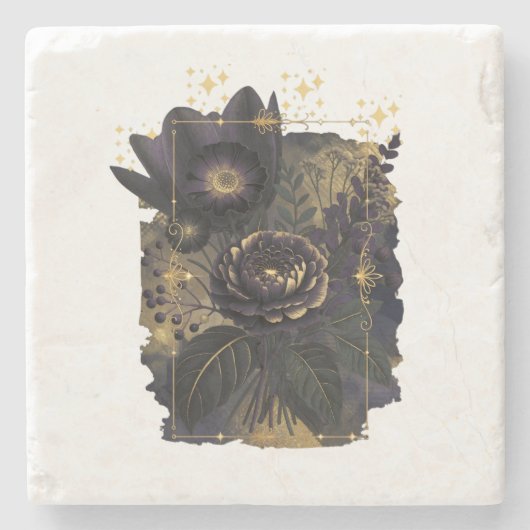 Dark Magical Floral Bouquet in Golden Frame ストーンコースター (正面)