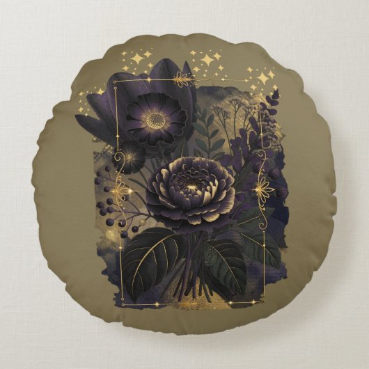 Dark Magical Floral Bouquet in Golden Frame ラウンドクッション (正面)