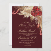 Dark Maroon Floral Boho Watercolor Wedding 招待状 (正面)