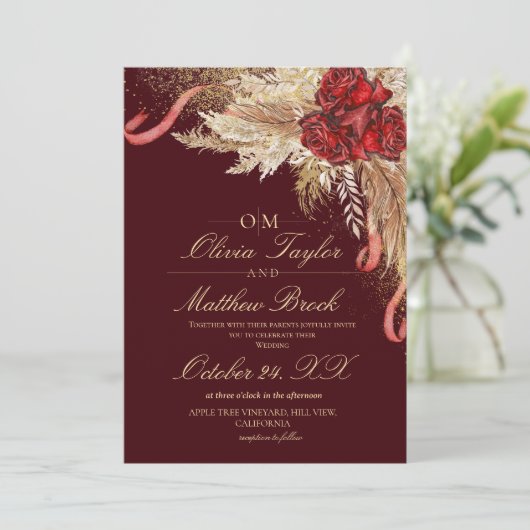 Dark Maroon Floral Boho Watercolor Wedding 招待状 (スタンド正面)