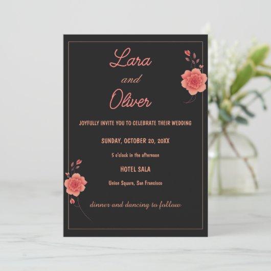 Dark Minimal Rose Wedding Invitation Elegant Rom 招待状 (スタンド正面)