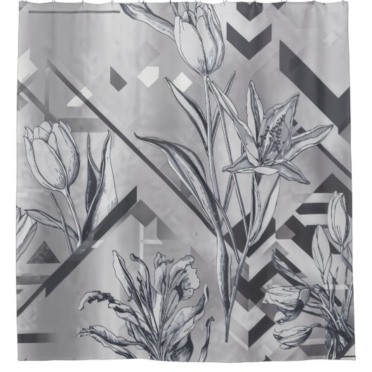 Dark Modern Geometric Tulip Line Art Pattern (2) シャワーカーテン (正面)