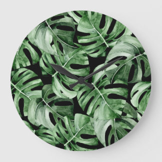 Dark Monstera：トロピカルウォーターのカラープリント。 ラージ壁時計