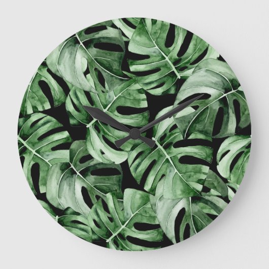 Dark Monstera：トロピカルウォーターのカラープリント。 ラージ壁時計 (正面)