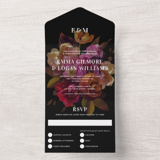 Dark & Moodyモダン色彩の鮮やか結婚フローラ オールインワン招待状 (内側)