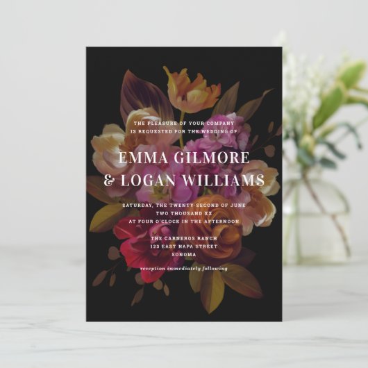 Dark & Moodyモダン色彩の鮮やか結婚フローラ 招待状 (スタンド正面)