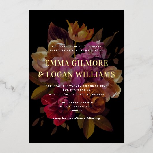 Dark & Moodyモダン色彩の鮮やか結婚フローラ 箔招待状 (正面)