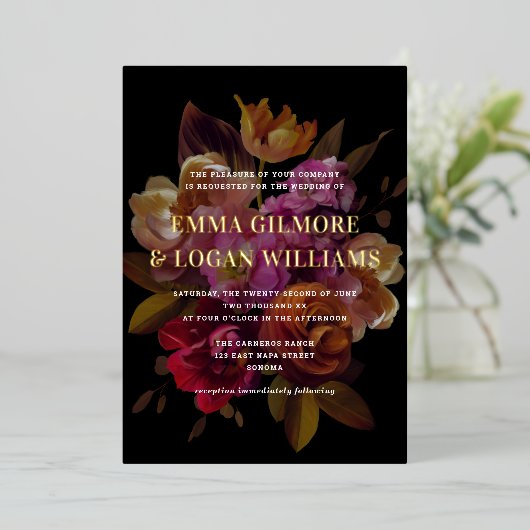 Dark & Moodyモダン色彩の鮮やか結婚フローラ 箔招待状 (立ち正面)