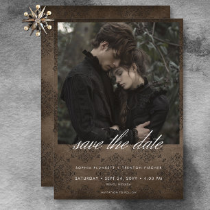 Dark MoodyヴィンテージブラウンDamask写真結婚の セーブザデート