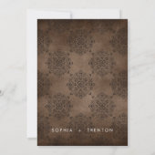 Dark MoodyヴィンテージブラウンDamask写真結婚の セーブザデート (裏面)