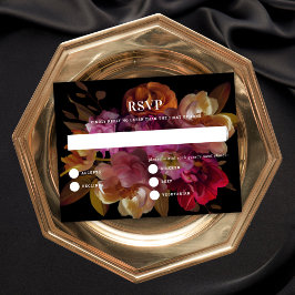 Dark & Moody色彩の鮮やかフローラの返信結婚カード 招待状