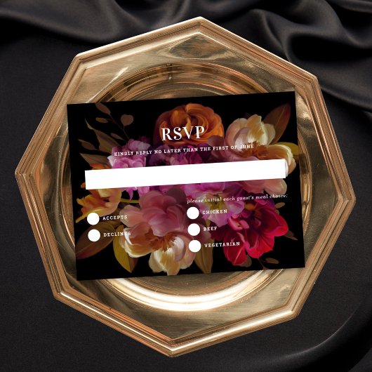 Dark & Moody色彩の鮮やかフローラの返信結婚カード 招待状