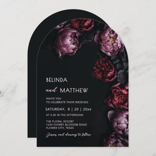 Dark Moody 3D Flowers Wedding Invitation 招待状 (正面/裏面)