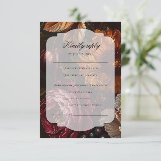 Dark Moody Baroque Florals Flowers Fall Wedding 出欠カード (スタンド正面)