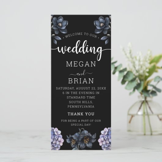 Dark Moody Black Floral Classic Typography Wedding プログラム (スタンド正面)