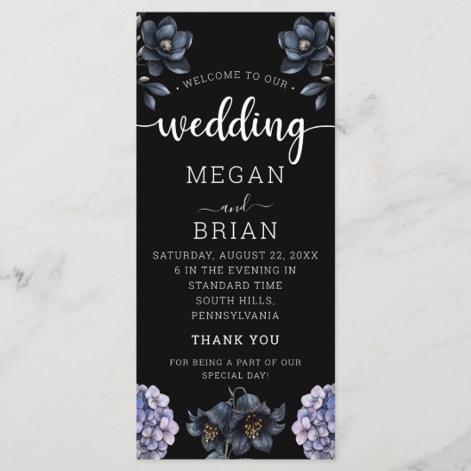 Dark Moody Black Floral Classic Typography Wedding プログラム (正面)