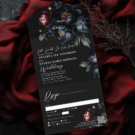 Dark Moody Black Peony Gothic結婚のQRコード オールインワン招待状