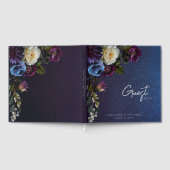 Dark Moody Blue Lavender Floral Modern Wedding ゲストブック (全面)
