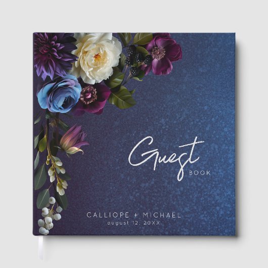 Dark Moody Blue Lavender Floral Modern Wedding ゲストブック (正面)
