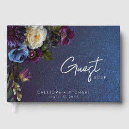 Dark Moody Blue Lavender Floral Modern Wedding ゲストブック