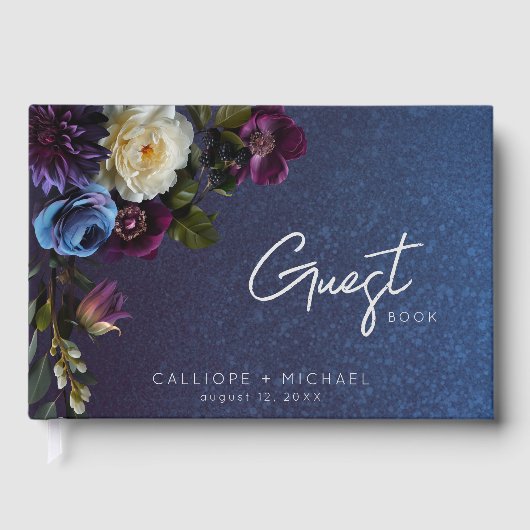 Dark Moody Blue Lavender Floral Modern Wedding ゲストブック (正面)