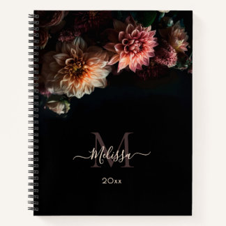Dark Moody Blush Flowers Monogram Black ノートブック