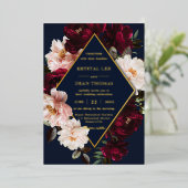 Dark Moody Burgundy Blush Navy Blue Floral Wedding 箔招待状 (立ち正面)