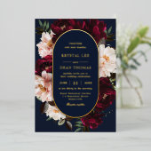 Dark Moody Burgundy Blush Navy Blue Floral Wedding 箔招待状 (立ち正面)