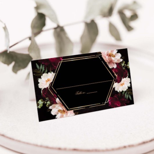 Dark Moody Burgundy Blush Peonies Floral Wedding プレイスカード