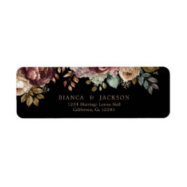 Dark moody Burgundy floral Wedding Return address ラベル