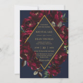 Dark Moody Burgundy Navy Blue Floral Wedding 招待状 (正面)
