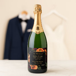 Dark Moody Burgundy Orange Rust Floral Wedding スパークリングワインラベル