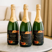 Dark Moody Burgundy Orange Rust Floral Wedding スパークリングワインラベル