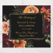 Dark Moody Burgundy Orange Rust Floral Wedding スパークリングワインラベル (シングルラベル)