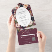 Dark Moody Burgundy OvalフローラフレームQRコード オールインワン招待状 (貼ってはがせる)