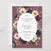 Dark Moody Burgundy Ovalフローラ結婚フレーム 招待状 (正面)