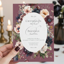 Dark Moody Burgundy Ovalフローラ結婚フレーム 招待状